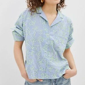 Anthropologie Maeve Blue Floral Embroidered Button-Down Shirt